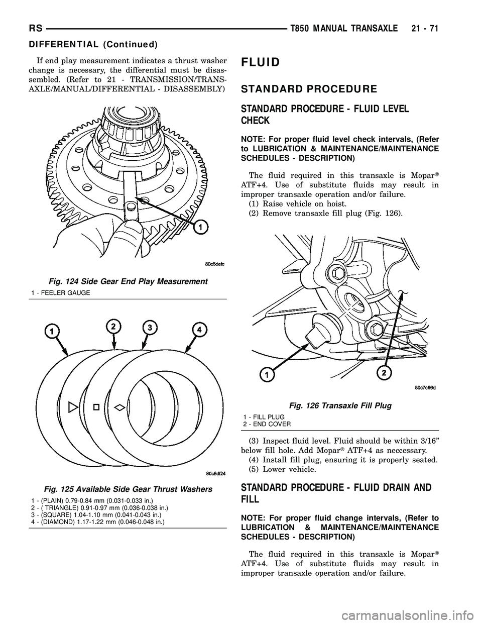 CHRYSLER VOYAGER 2004 User Guide If end play measurement indicates a thrust washer
change is necessary, the differential must be disas-
sembled. (Refer to 21 - TRANSMISSION/TRANS-
AXLE/MANUAL/DIFFERENTIAL - DISASSEMBLY)FLUID
STANDARD CHRYSLER VOYAGER 2004 User Guide If end play measurement indicates a thrust washer
change is necessary, the differential must be disas-
sembled. (Refer to 21 - TRANSMISSION/TRANS-
AXLE/MANUAL/DIFFERENTIAL - DISASSEMBLY)FLUID
STANDARD
