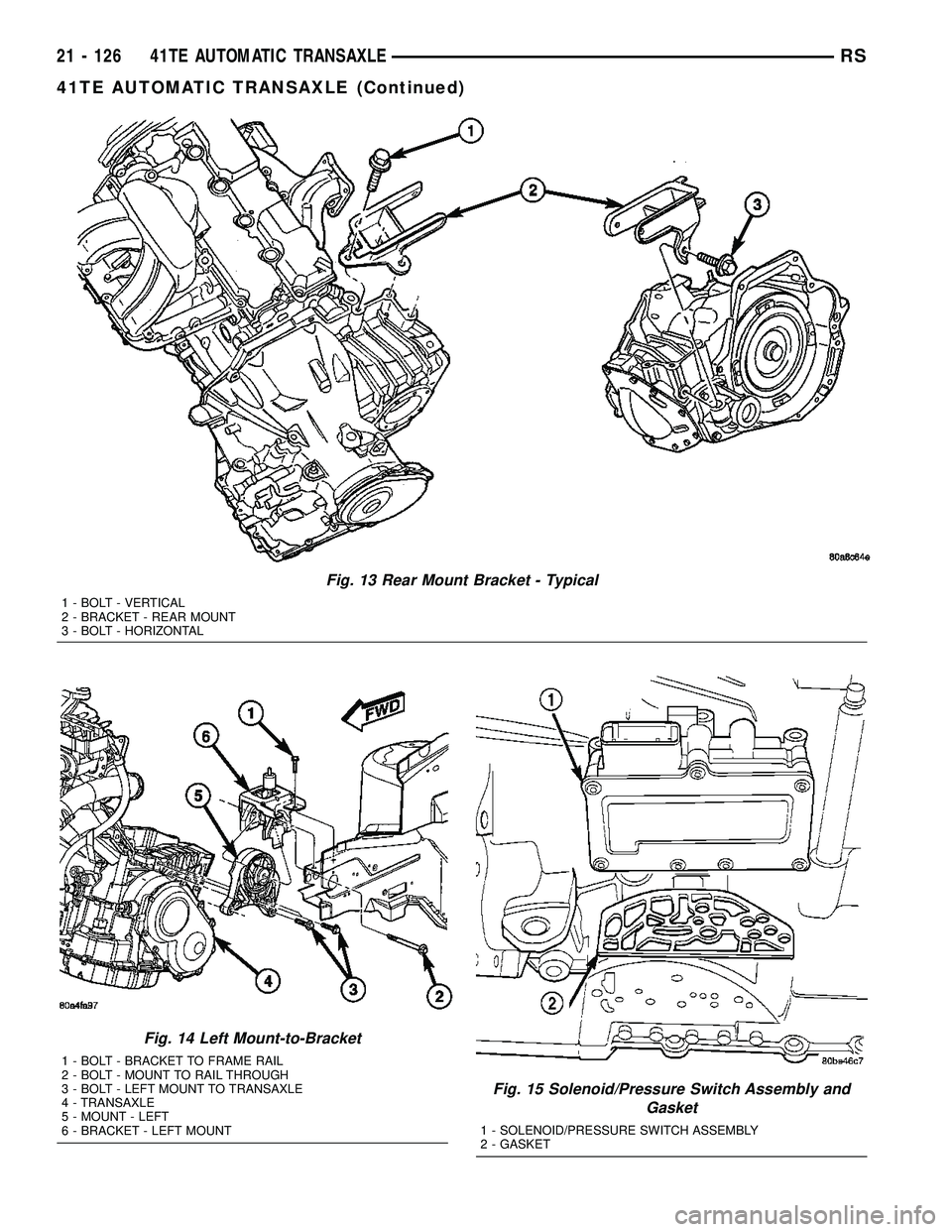CHRYSLER VOYAGER 2004  Service Manual Fig. 13 Rear Mount Bracket - Typical
1 - BOLT - VERTICAL
2 - BRACKET - REAR MOUNT
3 - BOLT - HORIZONTAL
Fig. 14 Left Mount-to-Bracket
1 - BOLT - BRACKET TO FRAME RAIL
2 - BOLT - MOUNT TO RAIL THROUGH
