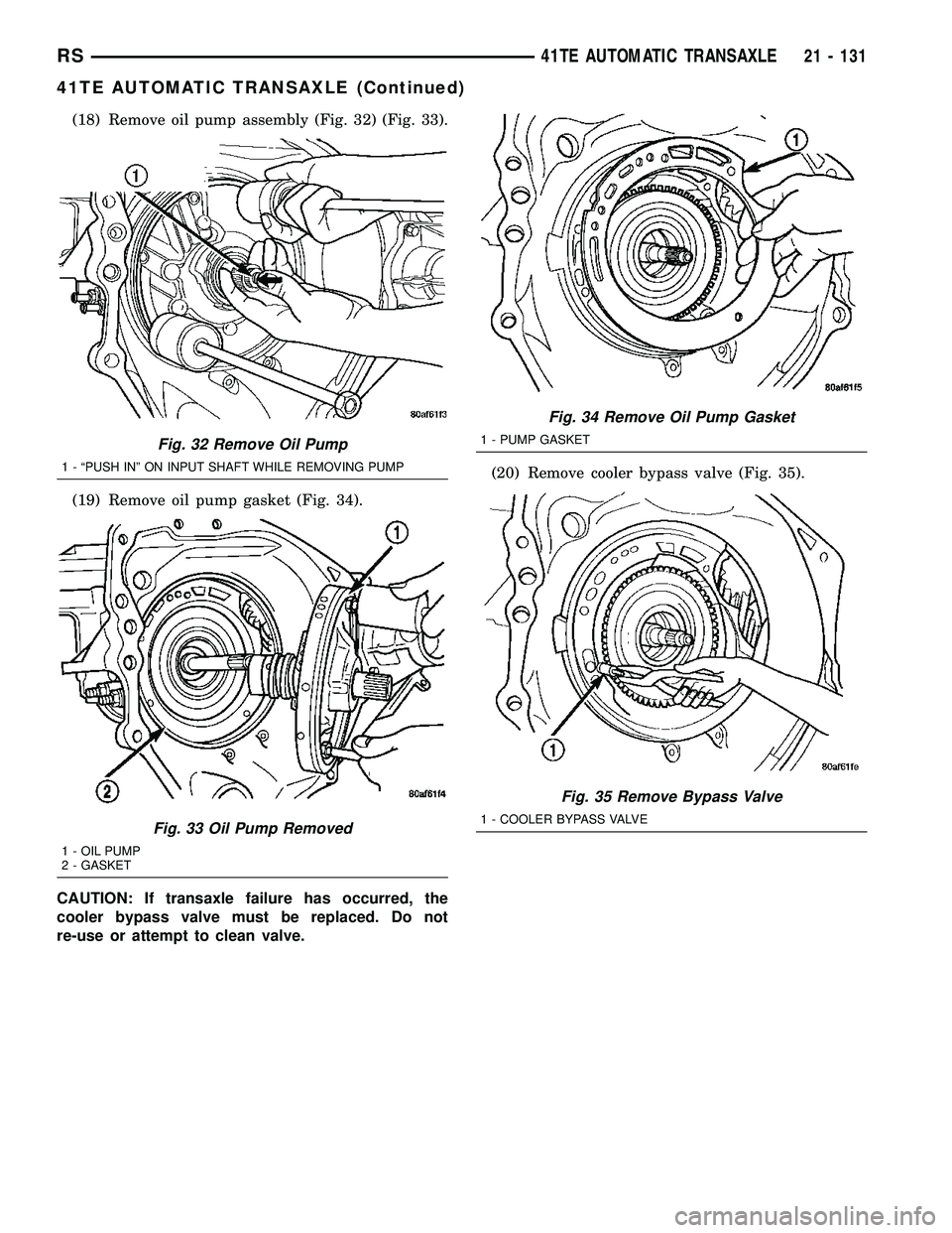 CHRYSLER VOYAGER 2004  Service Manual (18) Remove oil pump assembly (Fig. 32) (Fig. 33).
(19) Remove oil pump gasket (Fig. 34).
CAUTION: If transaxle failure has occurred, the
cooler bypass valve must be replaced. Do not
re-use or attempt