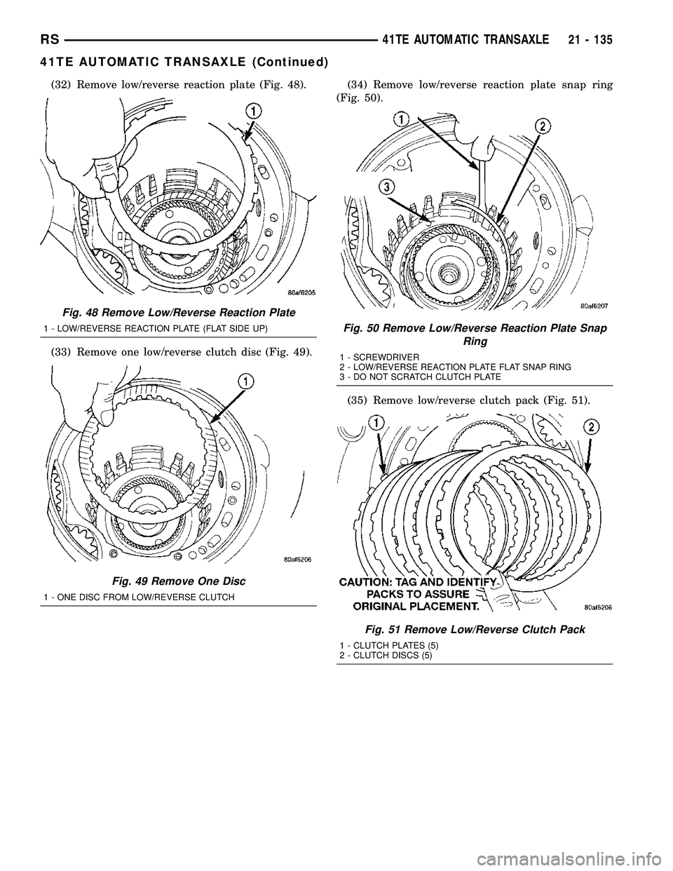 CHRYSLER VOYAGER 2004  Service Manual (32) Remove low/reverse reaction plate (Fig. 48).
(33) Remove one low/reverse clutch disc (Fig. 49).(34) Remove low/reverse reaction plate snap ring
(Fig. 50).
(35) Remove low/reverse clutch pack (Fig
