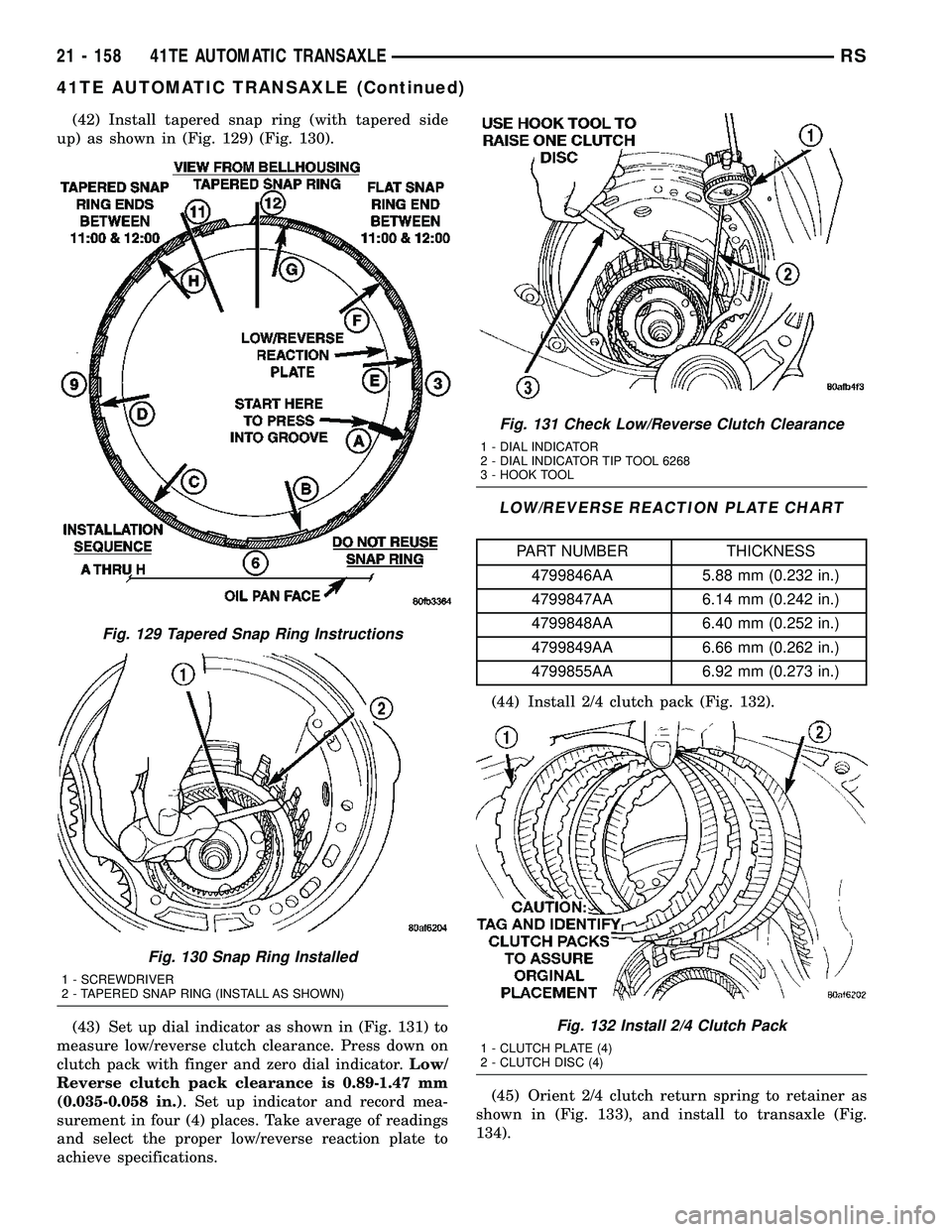 CHRYSLER VOYAGER 2004  Service Manual (42) Install tapered snap ring (with tapered side
up) as shown in (Fig. 129) (Fig. 130).
(43) Set up dial indicator as shown in (Fig. 131) to
measure low/reverse clutch clearance. Press down on
clutch