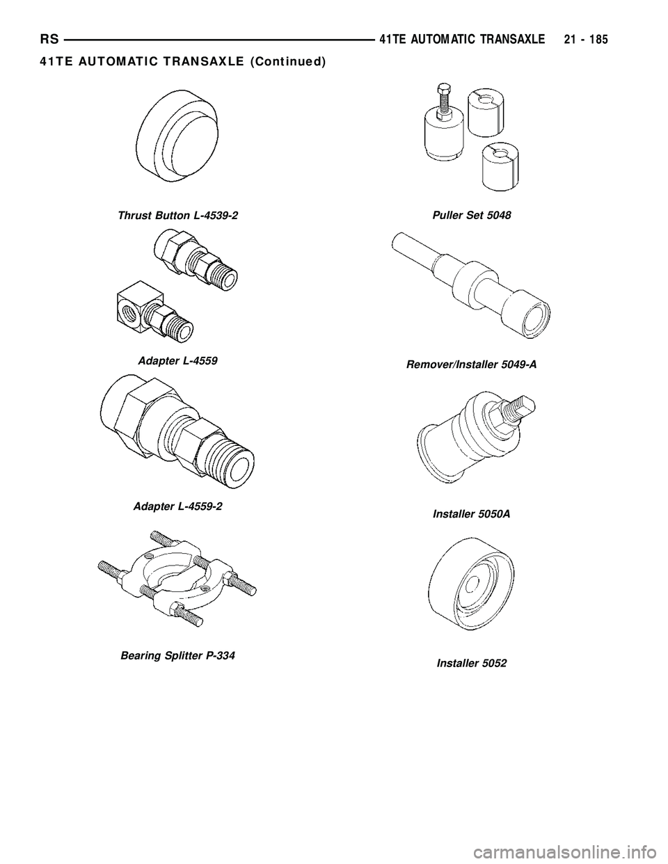 CHRYSLER VOYAGER 2004 Service Manual Thrust Button L-4539-2
Adapter L-4559
Adapter L-4559-2
Bearing Splitter P-334
Puller Set 5048
Remover/Installer 5049-A
Installer 5050A
Installer 5052
RS41TE AUTOMATIC TRANSAXLE21 - 185
41TE AUTOMATIC CHRYSLER VOYAGER 2004 Service Manual Thrust Button L-4539-2
Adapter L-4559
Adapter L-4559-2
Bearing Splitter P-334
Puller Set 5048
Remover/Installer 5049-A
Installer 5050A
Installer 5052
RS41TE AUTOMATIC TRANSAXLE21 - 185
41TE AUTOMATIC