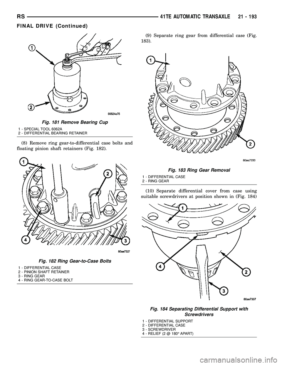 CHRYSLER VOYAGER 2004 Manual Online (8) Remove ring gear-to-differential case bolts and
floating pinion shaft retainers (Fig. 182).(9) Separate ring gear from differential case (Fig.
183).
(10) Separate differential cover from case usin CHRYSLER VOYAGER 2004 Manual Online (8) Remove ring gear-to-differential case bolts and
floating pinion shaft retainers (Fig. 182).(9) Separate ring gear from differential case (Fig.
183).
(10) Separate differential cover from case usin