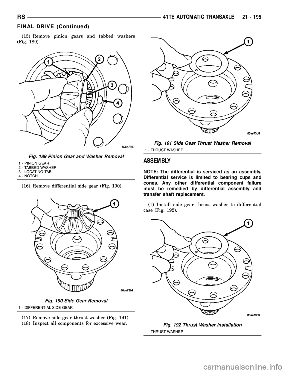 CHRYSLER VOYAGER 2004 Manual Online (15) Remove pinion gears and tabbed washers
(Fig. 189).
(16) Remove differential side gear (Fig. 190).
(17) Remove side gear thrust washer (Fig. 191).
(18) Inspect all components for excessive wear.
A CHRYSLER VOYAGER 2004 Manual Online (15) Remove pinion gears and tabbed washers
(Fig. 189).
(16) Remove differential side gear (Fig. 190).
(17) Remove side gear thrust washer (Fig. 191).
(18) Inspect all components for excessive wear.
A