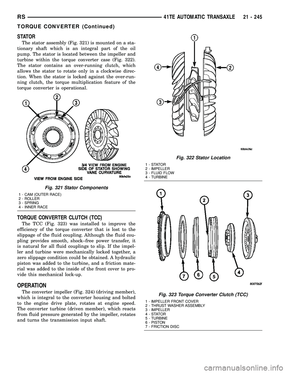 CHRYSLER VOYAGER 2004 Service Manual STATOR
The stator assembly (Fig. 321) is mounted on a sta-
tionary shaft which is an integral part of the oil
pump. The stator is located between the impeller and
turbine within the torque converter c CHRYSLER VOYAGER 2004 Service Manual STATOR
The stator assembly (Fig. 321) is mounted on a sta-
tionary shaft which is an integral part of the oil
pump. The stator is located between the impeller and
turbine within the torque converter c