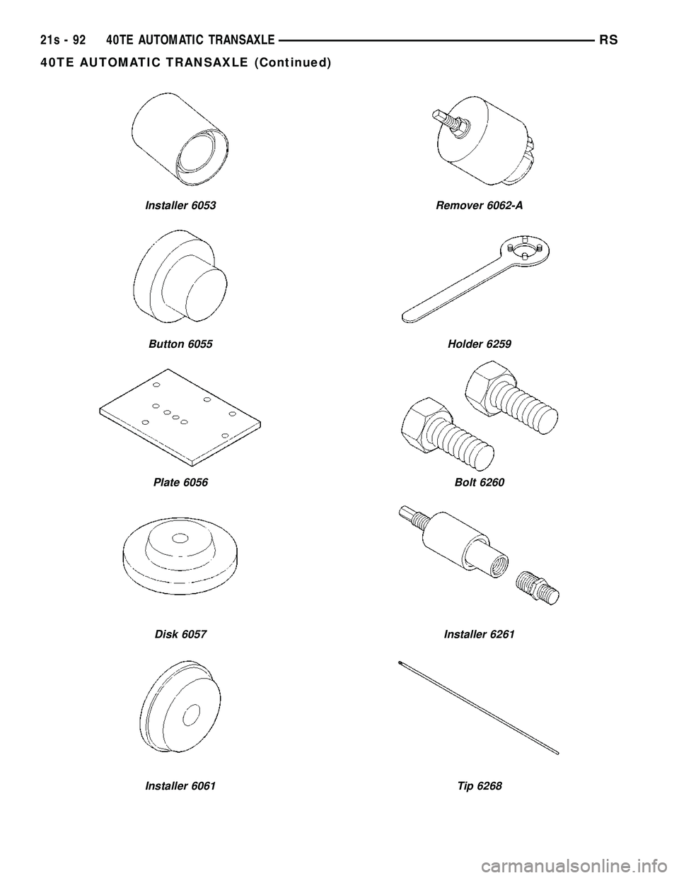CHRYSLER VOYAGER 2004 Service Manual Installer 6053
Button 6055
Plate 6056
Disk 6057
Installer 6061
Remover 6062-A
Holder 6259
Bolt 6260
Installer 6261
Tip 6268
21s - 92 40TE AUTOMATIC TRANSAXLERS
40TE AUTOMATIC TRANSAXLE (Continued) CHRYSLER VOYAGER 2004 Service Manual Installer 6053
Button 6055
Plate 6056
Disk 6057
Installer 6061
Remover 6062-A
Holder 6259
Bolt 6260
Installer 6261
Tip 6268
21s - 92 40TE AUTOMATIC TRANSAXLERS
40TE AUTOMATIC TRANSAXLE (Continued)