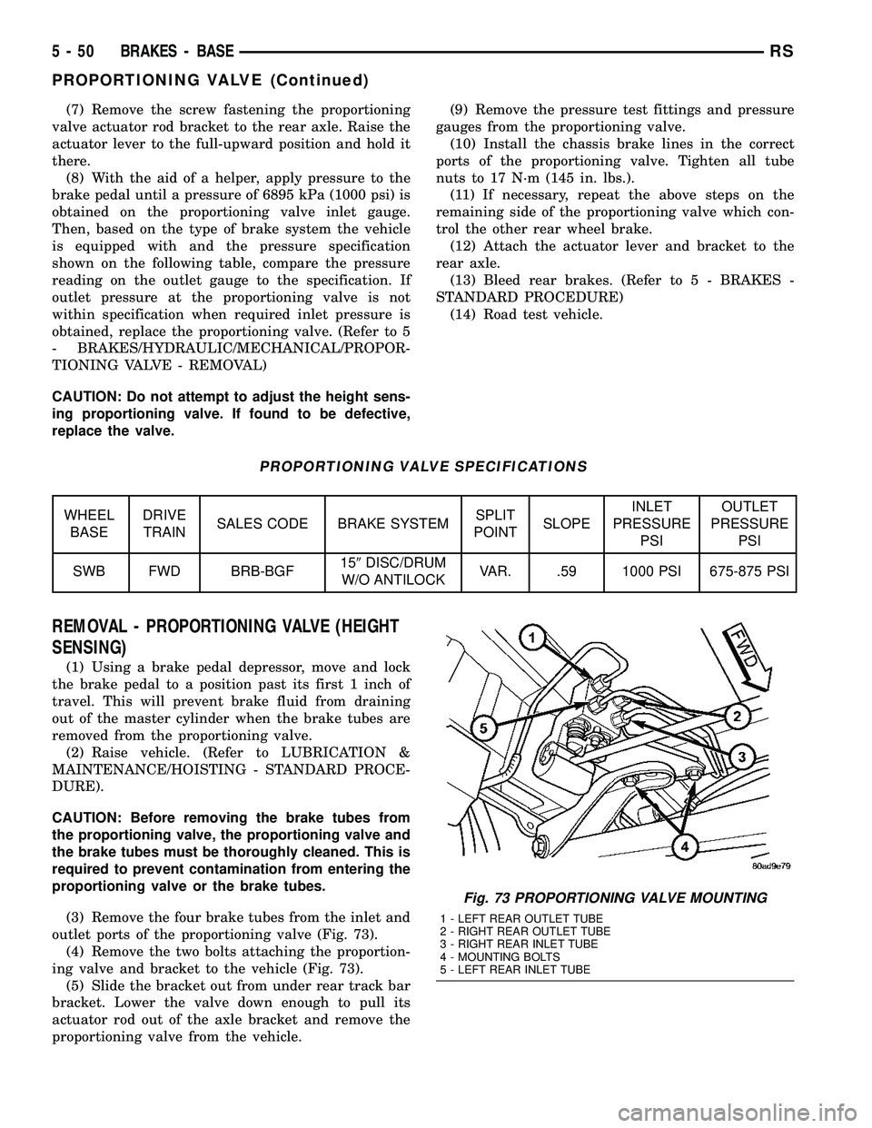 CHRYSLER VOYAGER 2004 Service Manual (7) Remove the screw fastening the proportioning
valve actuator rod bracket to the rear axle. Raise the
actuator lever to the full-upward position and hold it
there.
(8) With the aid of a helper, appl CHRYSLER VOYAGER 2004 Service Manual (7) Remove the screw fastening the proportioning
valve actuator rod bracket to the rear axle. Raise the
actuator lever to the full-upward position and hold it
there.
(8) With the aid of a helper, appl