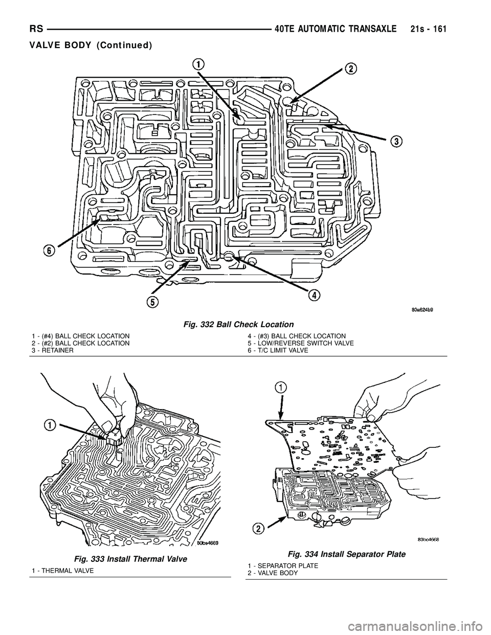 CHRYSLER VOYAGER 2004  Service Manual Fig. 332 Ball Check Location
1 - (#4) BALL CHECK LOCATION
2 - (#2) BALL CHECK LOCATION
3 - RETAINER4 - (#3) BALL CHECK LOCATION
5 - LOW/REVERSE SWITCH VALVE
6 - T/C LIMIT VALVE
Fig. 333 Install Therma