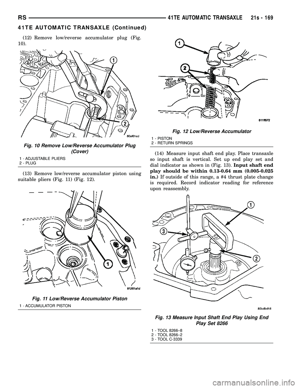 CHRYSLER VOYAGER 2004  Service Manual (12) Remove low/reverse accumulator plug (Fig.
10).
(13) Remove low/reverse accumulator piston using
suitable pliers (Fig. 11) (Fig. 12). (14) Measure input shaft end play. Place transaxle
so input sh