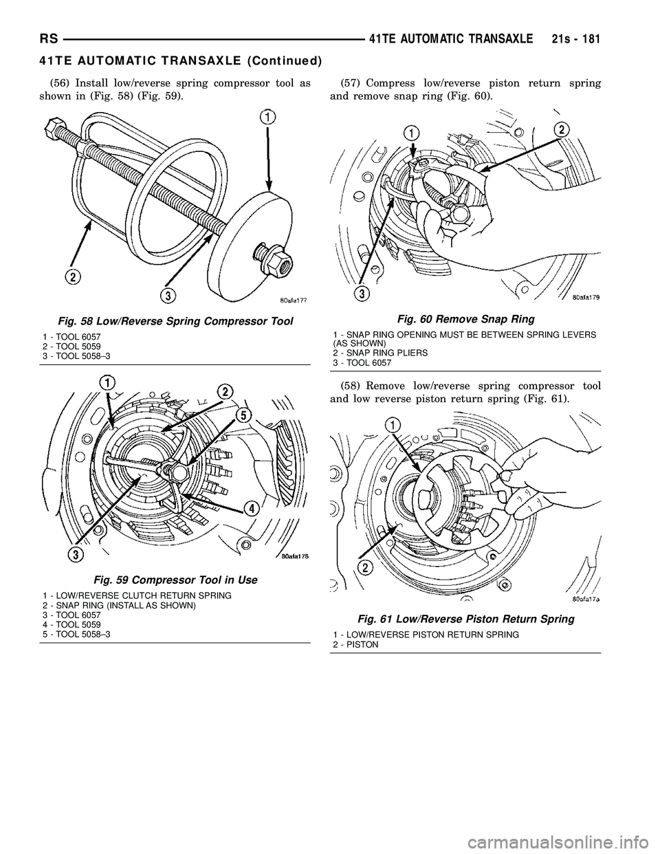 CHRYSLER VOYAGER 2004  Service Manual (56) Install low/reverse spring compressor tool as
shown in (Fig. 58) (Fig. 59). (57) Compress low/reverse piston return spring
and remove snap ring (Fig. 60).
(58) Remove low/reverse spring compresso