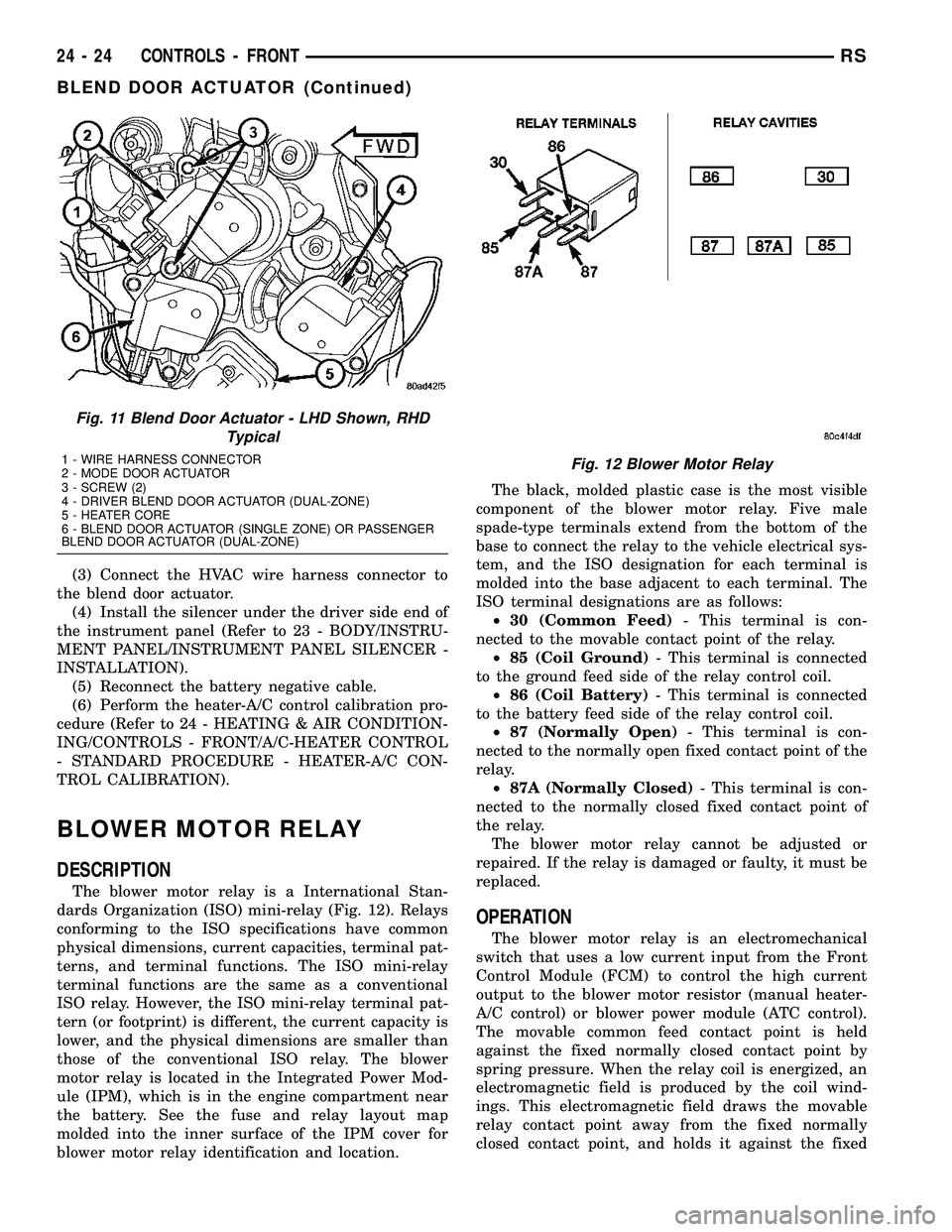 CHRYSLER VOYAGER 2004  Service Manual (3) Connect the HVAC wire harness connector to
the blend door actuator.
(4) Install the silencer under the driver side end of
the instrument panel (Refer to 23 - BODY/INSTRU-
MENT PANEL/INSTRUMENT PAN