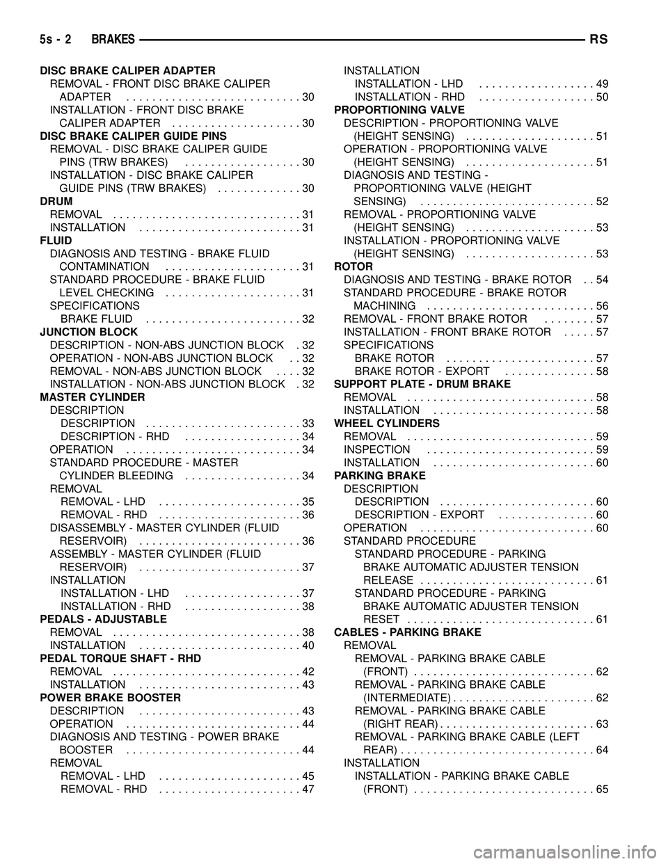 CHRYSLER VOYAGER 2004 Owners Manual DISC BRAKE CALIPER ADAPTERREMOVAL - FRONT DISC BRAKE CALIPERADAPTER ...........................30
INSTALLATION - FRONT DISC BRAKE CALIPER ADAPTER ....................30
DISC BRAKE CALIPER GUIDE PINS R CHRYSLER VOYAGER 2004 Owners Manual DISC BRAKE CALIPER ADAPTERREMOVAL - FRONT DISC BRAKE CALIPERADAPTER ...........................30
INSTALLATION - FRONT DISC BRAKE CALIPER ADAPTER ....................30
DISC BRAKE CALIPER GUIDE PINS R