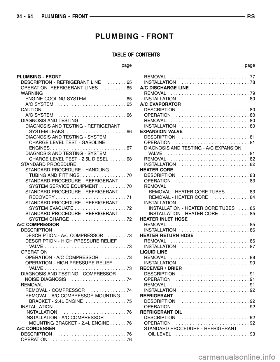 CHRYSLER VOYAGER 2004 Service Manual PLUMBING - FRONT
TABLE OF CONTENTS
page page
PLUMBING - FRONT
DESCRIPTION - REFRIGERANT LINE.......65
OPERATION- REFRIGERANT LINES........65
WARNING
ENGINE COOLING SYSTEM.............65
A/C SYSTEM.... CHRYSLER VOYAGER 2004 Service Manual PLUMBING - FRONT
TABLE OF CONTENTS
page page
PLUMBING - FRONT
DESCRIPTION - REFRIGERANT LINE.......65
OPERATION- REFRIGERANT LINES........65
WARNING
ENGINE COOLING SYSTEM.............65
A/C SYSTEM....