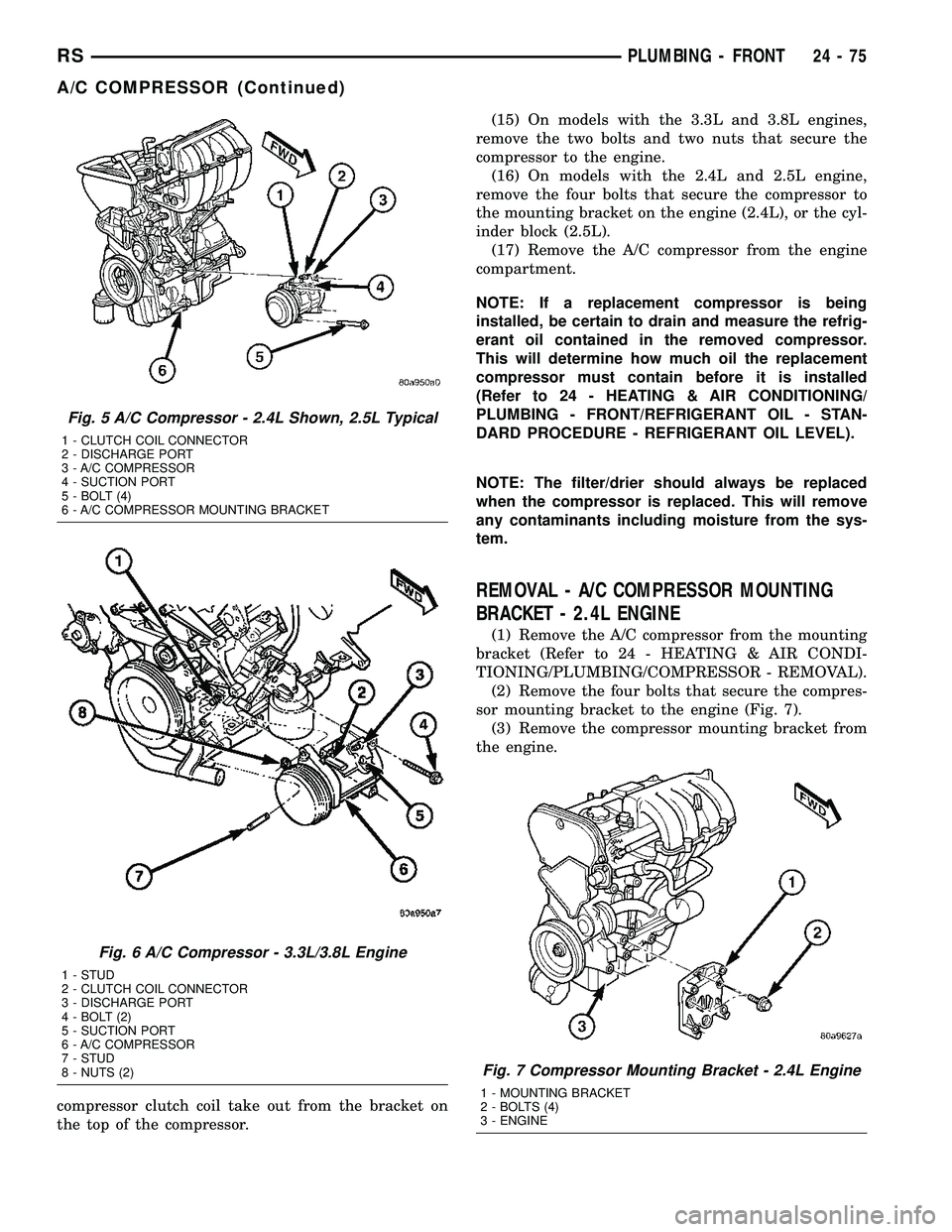 CHRYSLER VOYAGER 2004 Service Manual compressor clutch coil take out from the bracket on
the top of the compressor.(15) On models with the 3.3L and 3.8L engines,
remove the two bolts and two nuts that secure the
compressor to the engine. CHRYSLER VOYAGER 2004 Service Manual compressor clutch coil take out from the bracket on
the top of the compressor.(15) On models with the 3.3L and 3.8L engines,
remove the two bolts and two nuts that secure the
compressor to the engine.