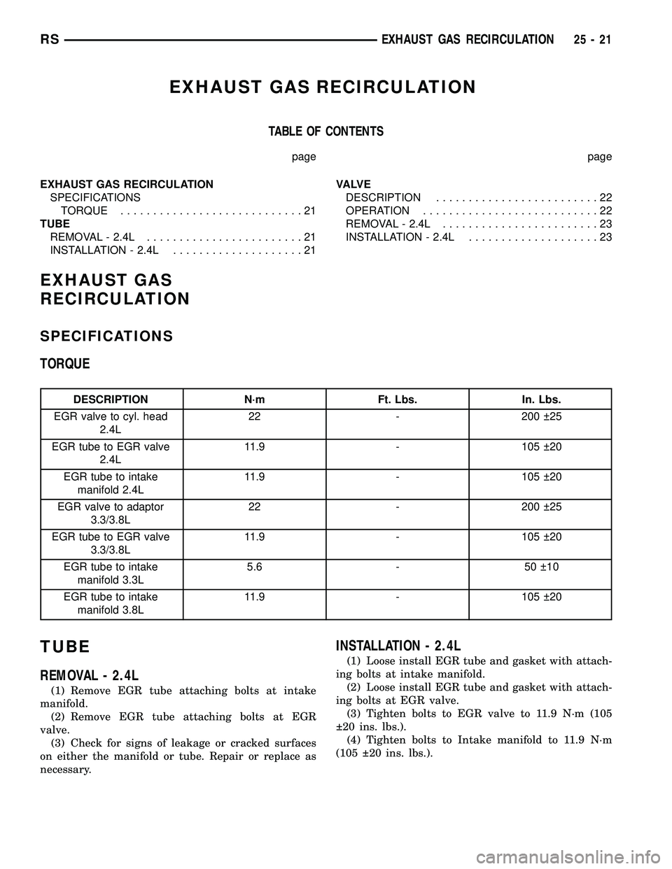 CHRYSLER VOYAGER 2004 Service Manual EXHAUST GAS RECIRCULATION
TABLE OF CONTENTS
page page
EXHAUST GAS RECIRCULATION
SPECIFICATIONS
TORQUE............................21
TUBE
REMOVAL - 2.4L........................21
INSTALLATION - 2.4L... CHRYSLER VOYAGER 2004 Service Manual EXHAUST GAS RECIRCULATION
TABLE OF CONTENTS
page page
EXHAUST GAS RECIRCULATION
SPECIFICATIONS
TORQUE............................21
TUBE
REMOVAL - 2.4L........................21
INSTALLATION - 2.4L...