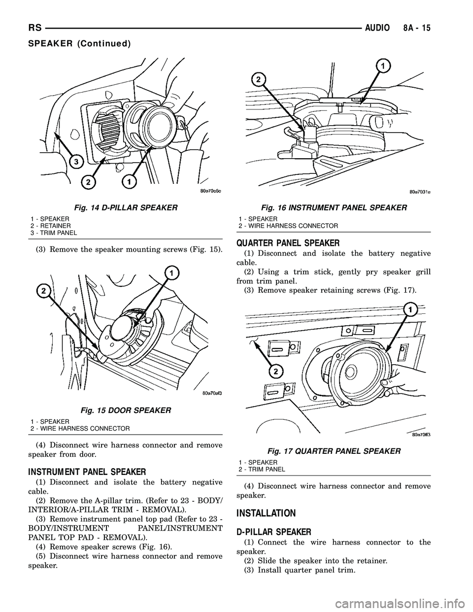 CHRYSLER VOYAGER 2004 User Guide (3) Remove the speaker mounting screws (Fig. 15).
(4) Disconnect wire harness connector and remove
speaker from door.
INSTRUMENT PANEL SPEAKER
(1) Disconnect and isolate the battery negative
cable.
(2 CHRYSLER VOYAGER 2004 User Guide (3) Remove the speaker mounting screws (Fig. 15).
(4) Disconnect wire harness connector and remove
speaker from door.
INSTRUMENT PANEL SPEAKER
(1) Disconnect and isolate the battery negative
cable.
(2