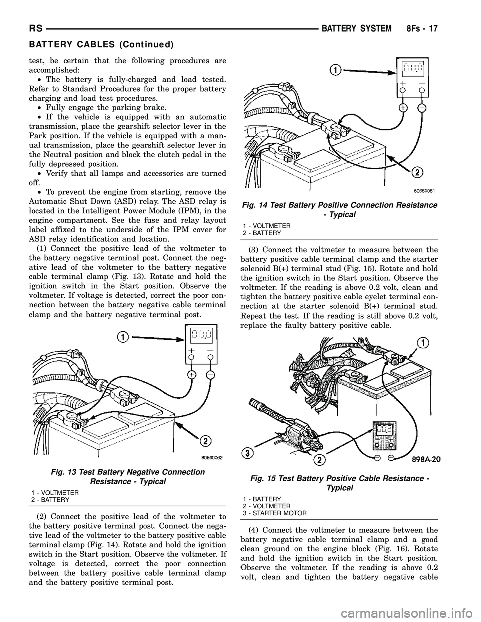 CHRYSLER VOYAGER 2004 User Guide test, be certain that the following procedures are
accomplished:² The battery is fully-charged and load tested.
Refer to Standard Procedures for the proper battery
charging and load test procedures. CHRYSLER VOYAGER 2004 User Guide test, be certain that the following procedures are
accomplished:² The battery is fully-charged and load tested.
Refer to Standard Procedures for the proper battery
charging and load test procedures.