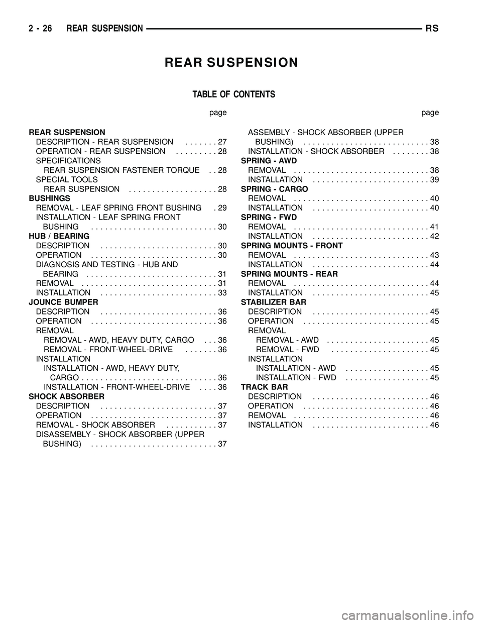 CHRYSLER VOYAGER 2004 Repair Manual REAR SUSPENSION
TABLE OF CONTENTS
page page
REAR SUSPENSION
DESCRIPTION - REAR SUSPENSION.......27
OPERATION - REAR SUSPENSION.........28
SPECIFICATIONS
REAR SUSPENSION FASTENER TORQUE . . 28
SPECIAL CHRYSLER VOYAGER 2004 Repair Manual REAR SUSPENSION
TABLE OF CONTENTS
page page
REAR SUSPENSION
DESCRIPTION - REAR SUSPENSION.......27
OPERATION - REAR SUSPENSION.........28
SPECIFICATIONS
REAR SUSPENSION FASTENER TORQUE . . 28
SPECIAL