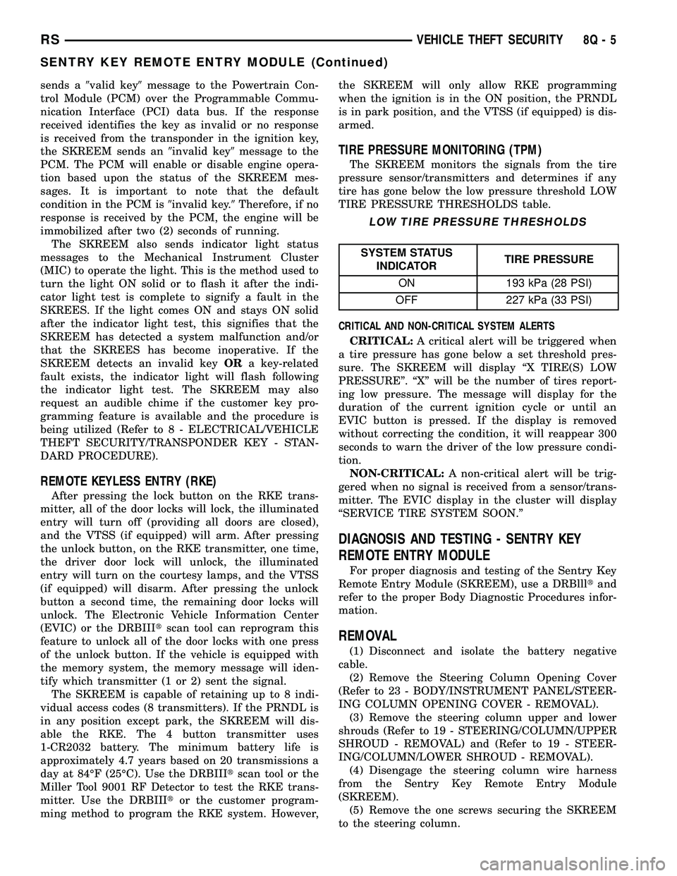 CHRYSLER VOYAGER 2004 Service Manual sends a9valid key9message to the Powertrain Con-
trol Module (PCM) over the Programmable Commu-
nication Interface (PCI) data bus. If the response
received identifies the key as invalid or no response CHRYSLER VOYAGER 2004 Service Manual sends a9valid key9message to the Powertrain Con-
trol Module (PCM) over the Programmable Commu-
nication Interface (PCI) data bus. If the response
received identifies the key as invalid or no response