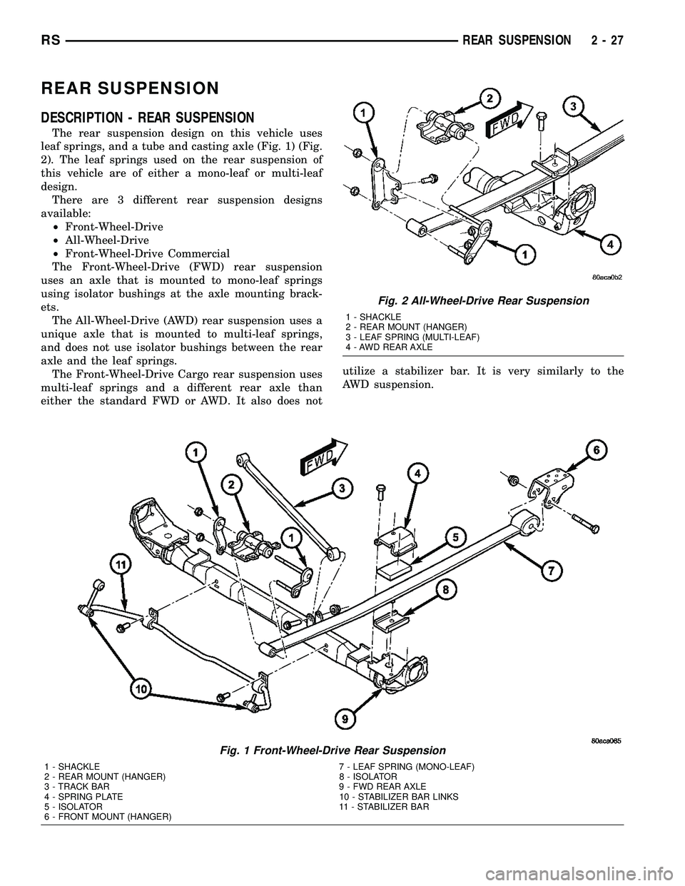 CHRYSLER VOYAGER 2004 Repair Manual REAR SUSPENSION
DESCRIPTION - REAR SUSPENSION
The rear suspension design on this vehicle uses
leaf springs, and a tube and casting axle (Fig. 1) (Fig.
2). The leaf springs used on the rear suspension CHRYSLER VOYAGER 2004 Repair Manual REAR SUSPENSION
DESCRIPTION - REAR SUSPENSION
The rear suspension design on this vehicle uses
leaf springs, and a tube and casting axle (Fig. 1) (Fig.
2). The leaf springs used on the rear suspension