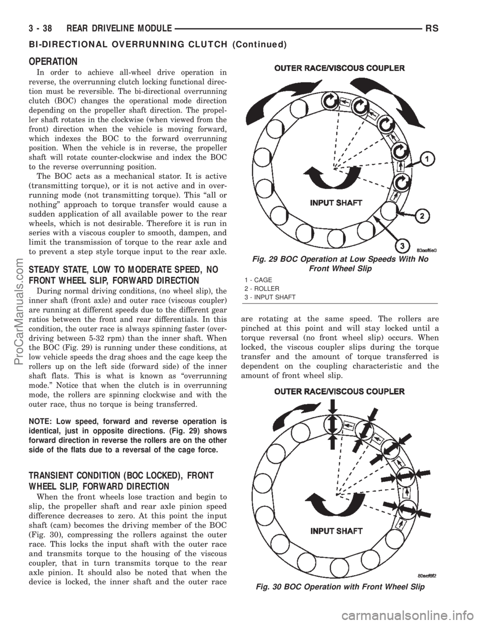 CHRYSLER VOYAGER 2002 Service Manual OPERATION
In order to achieve all-wheel drive operation in
reverse, the overrunning clutch locking functional direc-
tion must be reversible. The bi-directional overrunning
clutch (BOC) changes the op CHRYSLER VOYAGER 2002 Service Manual OPERATION
In order to achieve all-wheel drive operation in
reverse, the overrunning clutch locking functional direc-
tion must be reversible. The bi-directional overrunning
clutch (BOC) changes the op