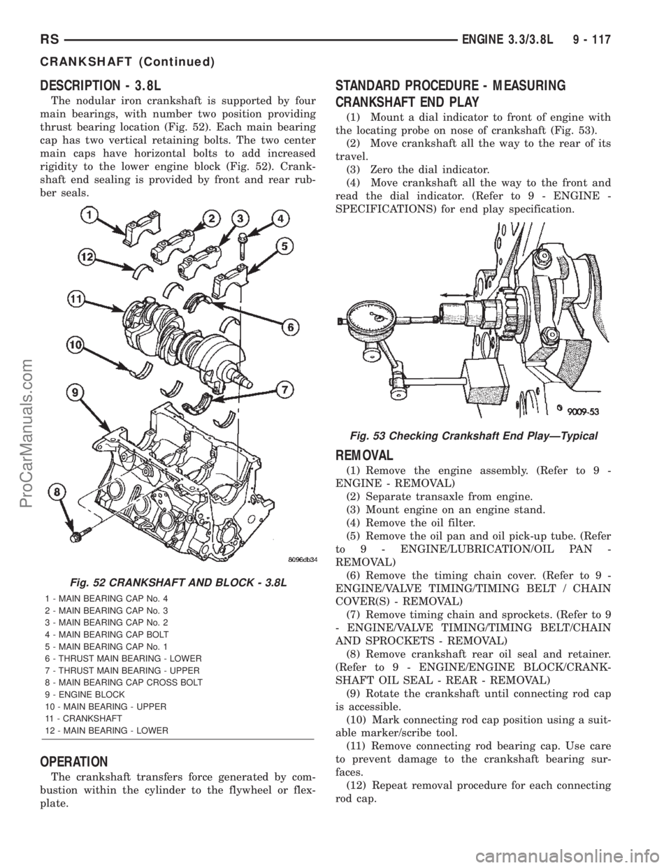 CHRYSLER VOYAGER 2002 Service Manual DESCRIPTION - 3.8L
The nodular iron crankshaft is supported by four
main bearings, with number two position providing
thrust bearing location (Fig. 52). Each main bearing
cap has two vertical retainin CHRYSLER VOYAGER 2002 Service Manual DESCRIPTION - 3.8L
The nodular iron crankshaft is supported by four
main bearings, with number two position providing
thrust bearing location (Fig. 52). Each main bearing
cap has two vertical retainin