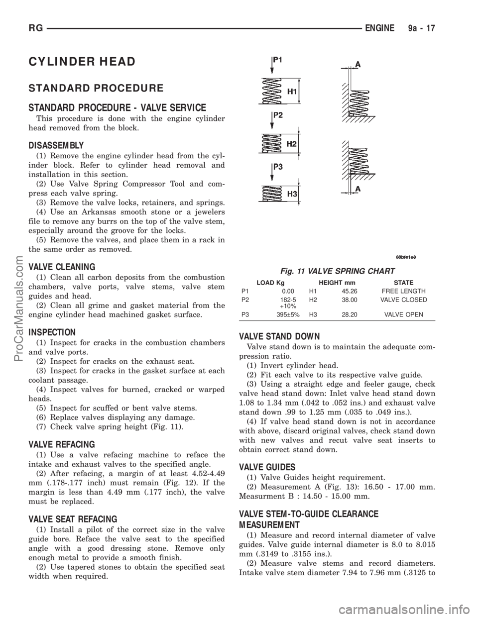 CHRYSLER VOYAGER 2002 Owners Manual CYLINDER HEAD
STANDARD PROCEDURE
STANDARD PROCEDURE - VALVE SERVICE
This procedure is done with the engine cylinder
head removed from the block.
DISASSEMBLY
(1) Remove the engine cylinder head from th