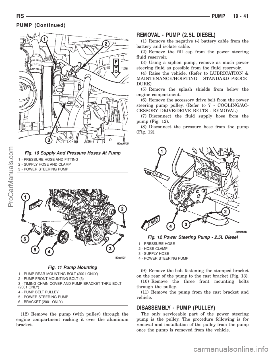 CHRYSLER VOYAGER 2002  Service Manual (12) Remove the pump (with pulley) through the
engine compartment rocking it over the aluminum
bracket.
REMOVAL - PUMP (2.5L DIESEL)
(1) Remove the negative (-) battery cable from the
battery and isol
