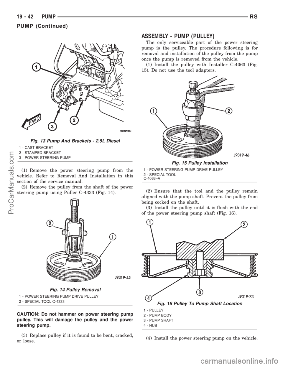 CHRYSLER VOYAGER 2002  Service Manual (1) Remove the power steering pump from the
vehicle. Refer to Removal And Installation in this
section of the service manual.
(2) Remove the pulley from the shaft of the power
steering pump using Pull