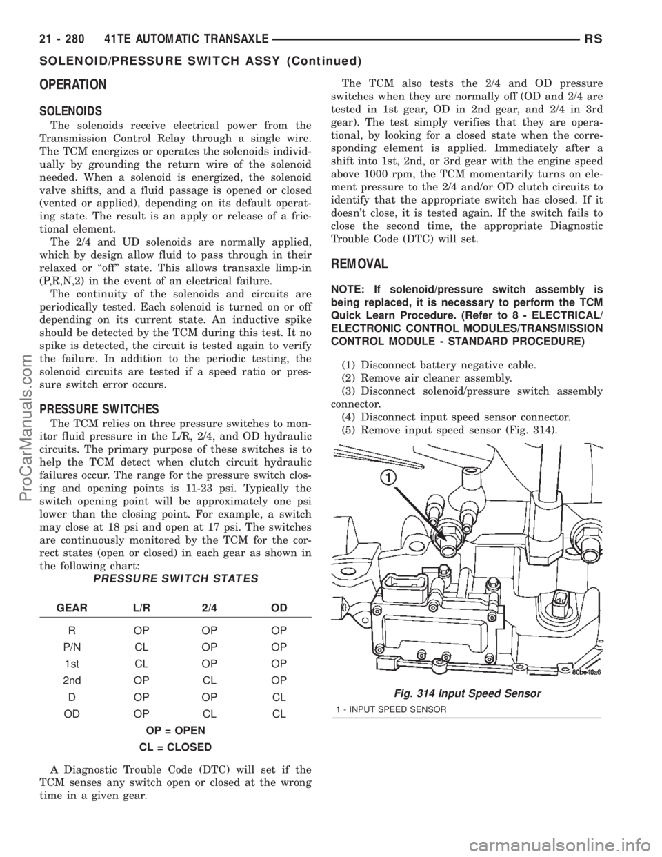 CHRYSLER VOYAGER 2002 Service Manual OPERATION
SOLENOIDS
The solenoids receive electrical power from the
Transmission Control Relay through a single wire.
The TCM energizes or operates the solenoids individ-
ually by grounding the return CHRYSLER VOYAGER 2002 Service Manual OPERATION
SOLENOIDS
The solenoids receive electrical power from the
Transmission Control Relay through a single wire.
The TCM energizes or operates the solenoids individ-
ually by grounding the return