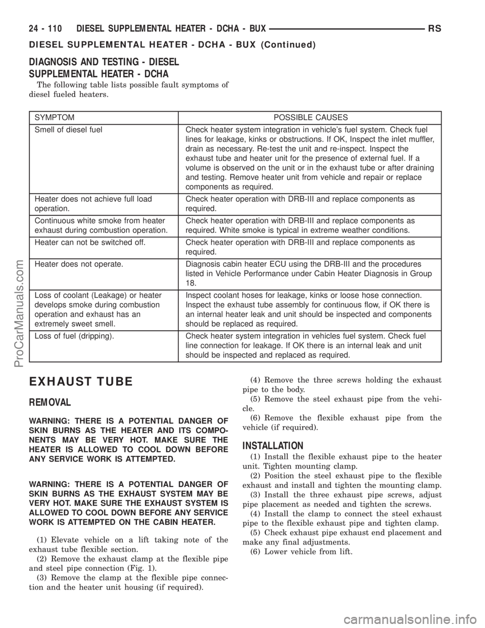 CHRYSLER VOYAGER 2002 Service Manual DIAGNOSIS AND TESTING - DIESEL
SUPPLEMENTAL HEATER - DCHA
The following table lists possible fault symptoms of
diesel fueled heaters.
SYMPTOM POSSIBLE CAUSES
Smell of diesel fuel Check heater system i CHRYSLER VOYAGER 2002 Service Manual DIAGNOSIS AND TESTING - DIESEL
SUPPLEMENTAL HEATER - DCHA
The following table lists possible fault symptoms of
diesel fueled heaters.
SYMPTOM POSSIBLE CAUSES
Smell of diesel fuel Check heater system i