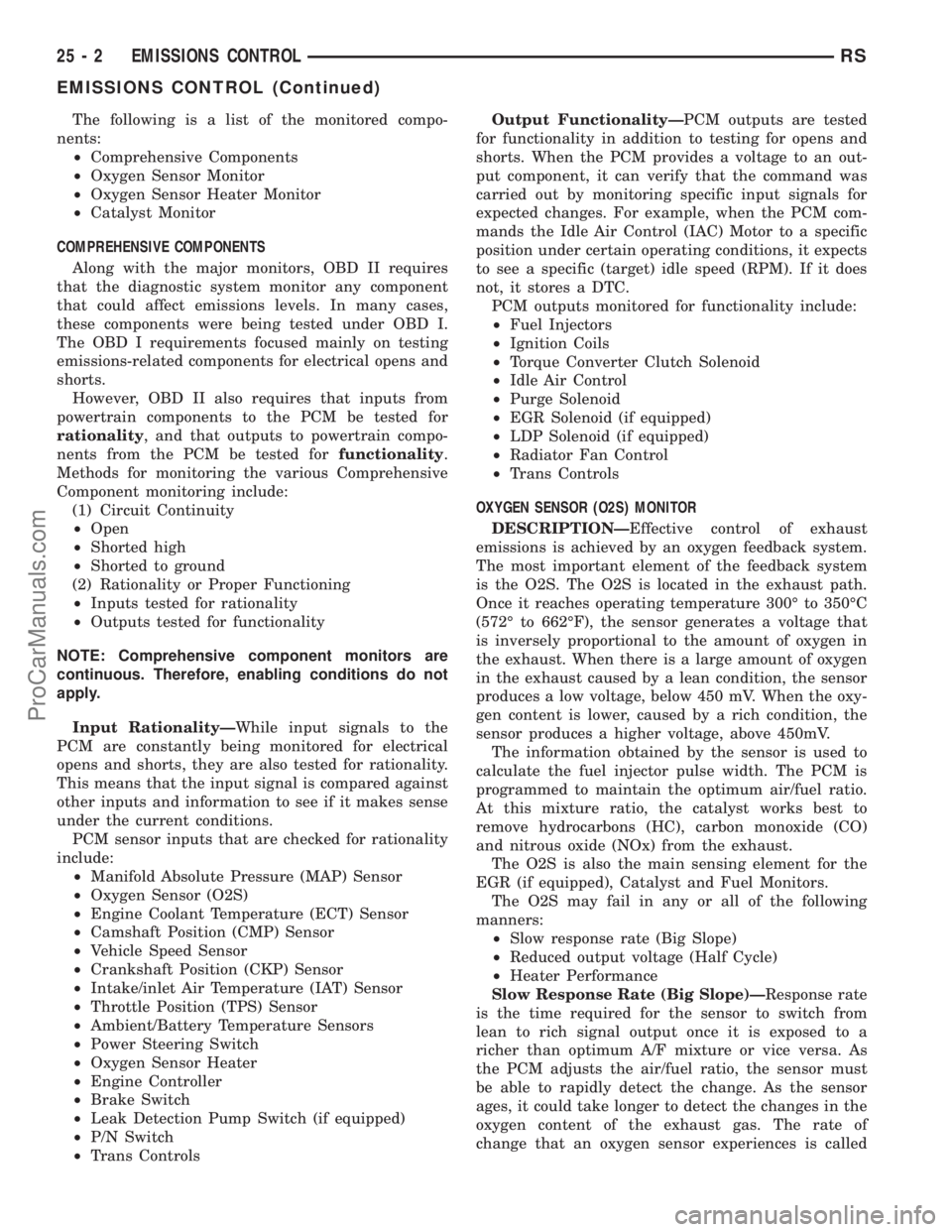 CHRYSLER VOYAGER 2002 Manual Online The following is a list of the monitored compo-
nents:
²Comprehensive Components
²Oxygen Sensor Monitor
²Oxygen Sensor Heater Monitor
²Catalyst Monitor
COMPREHENSIVE COMPONENTS
Along with the majo CHRYSLER VOYAGER 2002 Manual Online The following is a list of the monitored compo-
nents:
²Comprehensive Components
²Oxygen Sensor Monitor
²Oxygen Sensor Heater Monitor
²Catalyst Monitor
COMPREHENSIVE COMPONENTS
Along with the majo