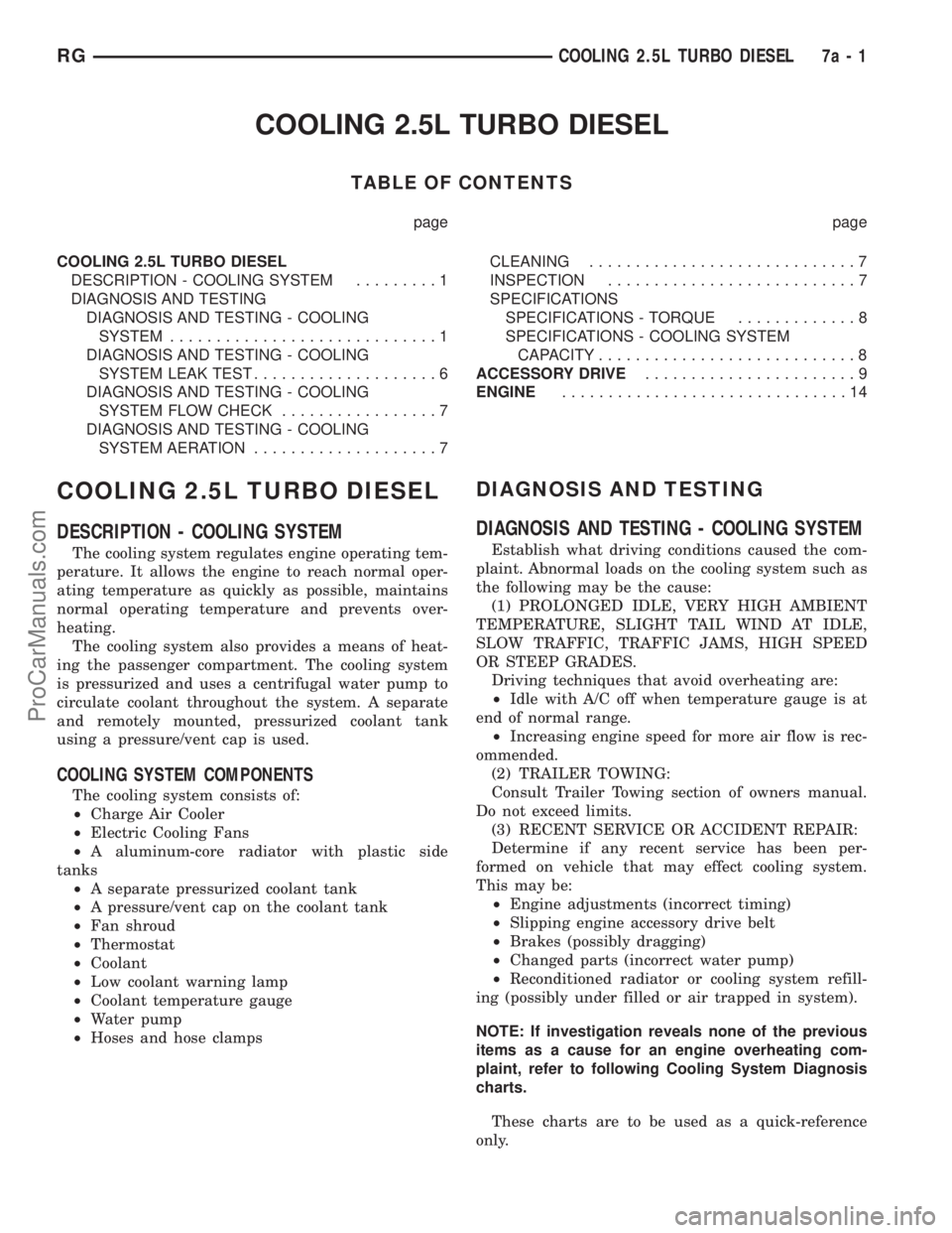 CHRYSLER VOYAGER 2002 Service Manual COOLING 2.5L TURBO DIESEL
TABLE OF CONTENTS
page page
COOLING 2.5L TURBO DIESEL
DESCRIPTION - COOLING SYSTEM.........1
DIAGNOSIS AND TESTING
DIAGNOSIS AND TESTING - COOLING
SYSTEM..................... CHRYSLER VOYAGER 2002 Service Manual COOLING 2.5L TURBO DIESEL
TABLE OF CONTENTS
page page
COOLING 2.5L TURBO DIESEL
DESCRIPTION - COOLING SYSTEM.........1
DIAGNOSIS AND TESTING
DIAGNOSIS AND TESTING - COOLING
SYSTEM.....................