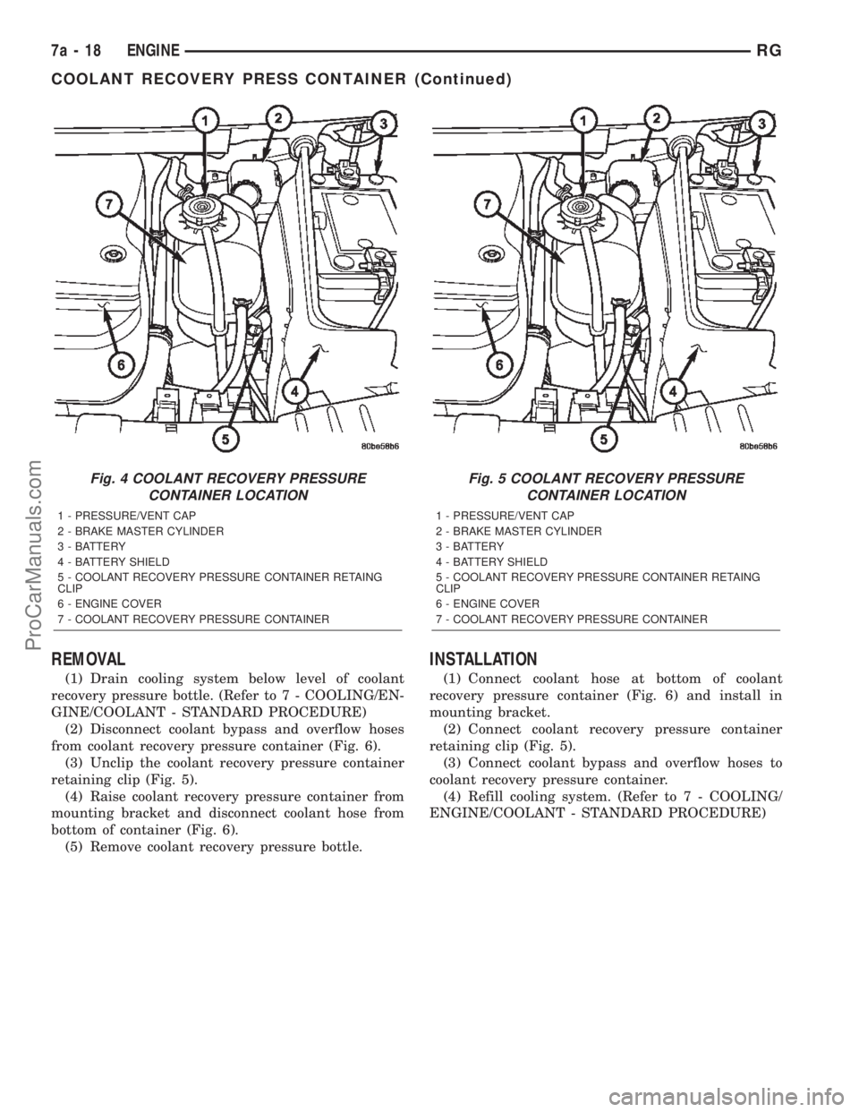CHRYSLER VOYAGER 2002 Owners Manual REMOVAL
(1) Drain cooling system below level of coolant
recovery pressure bottle. (Refer to 7 - COOLING/EN-
GINE/COOLANT - STANDARD PROCEDURE)
(2) Disconnect coolant bypass and overflow hoses
from coo CHRYSLER VOYAGER 2002 Owners Manual REMOVAL
(1) Drain cooling system below level of coolant
recovery pressure bottle. (Refer to 7 - COOLING/EN-
GINE/COOLANT - STANDARD PROCEDURE)
(2) Disconnect coolant bypass and overflow hoses
from coo