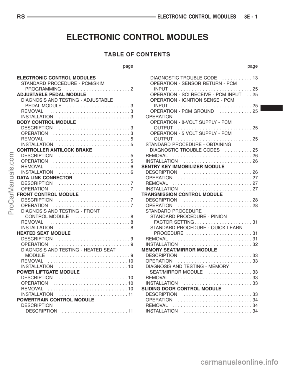 CHRYSLER VOYAGER 2002 Service Manual ELECTRONIC CONTROL MODULES
TABLE OF CONTENTS
page page
ELECTRONIC CONTROL MODULES
STANDARD PROCEDURE - PCM/SKIM
PROGRAMMING.......................2
ADJUSTABLE PEDAL MODULE
DIAGNOSIS AND TESTING - ADJU CHRYSLER VOYAGER 2002 Service Manual ELECTRONIC CONTROL MODULES
TABLE OF CONTENTS
page page
ELECTRONIC CONTROL MODULES
STANDARD PROCEDURE - PCM/SKIM
PROGRAMMING.......................2
ADJUSTABLE PEDAL MODULE
DIAGNOSIS AND TESTING - ADJU