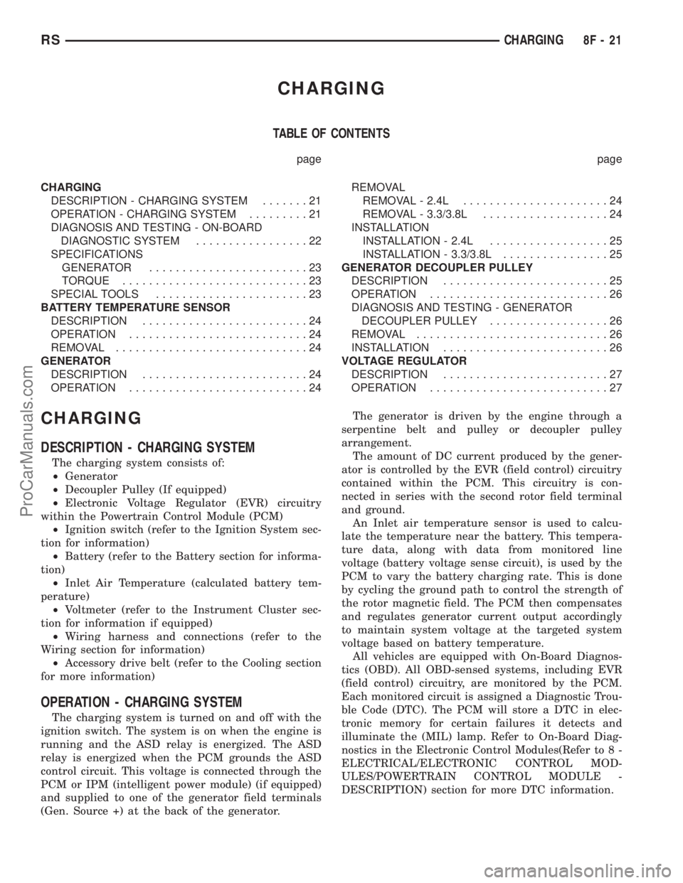 CHRYSLER VOYAGER 2002 Manual PDF CHARGING
TABLE OF CONTENTS
page page
CHARGING
DESCRIPTION - CHARGING SYSTEM.......21
OPERATION - CHARGING SYSTEM.........21
DIAGNOSIS AND TESTING - ON-BOARD
DIAGNOSTIC SYSTEM.................22
SPECIF CHRYSLER VOYAGER 2002 Manual PDF CHARGING
TABLE OF CONTENTS
page page
CHARGING
DESCRIPTION - CHARGING SYSTEM.......21
OPERATION - CHARGING SYSTEM.........21
DIAGNOSIS AND TESTING - ON-BOARD
DIAGNOSTIC SYSTEM.................22
SPECIF