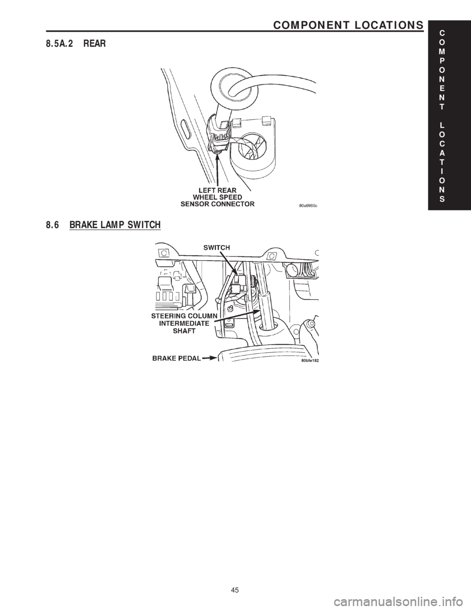 CHRYSLER VOYAGER 2001  Service Manual 8.5A.2 REAR
8.6 BRAKE LAMP SWITCH
C
O
M
P
O
N
E
N
T
L
O
C
A
T
I
O
N
S
45
COMPONENT LOCATIONS 
