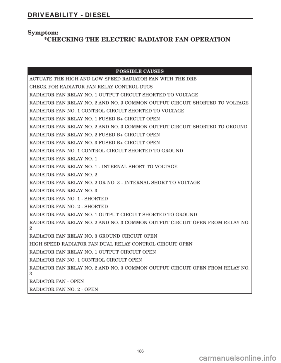 CHRYSLER VOYAGER 2001 Service Manual Symptom:
*CHECKING THE ELECTRIC RADIATOR FAN OPERATION
POSSIBLE CAUSES
ACTUATE THE HIGH AND LOW SPEED RADIATOR FAN WITH THE DRB
CHECK FOR RADIATOR FAN RELAY CONTROL DTCS
RADIATOR FAN RELAY NO. 1 OUTPU CHRYSLER VOYAGER 2001 Service Manual Symptom:
*CHECKING THE ELECTRIC RADIATOR FAN OPERATION
POSSIBLE CAUSES
ACTUATE THE HIGH AND LOW SPEED RADIATOR FAN WITH THE DRB
CHECK FOR RADIATOR FAN RELAY CONTROL DTCS
RADIATOR FAN RELAY NO. 1 OUTPU