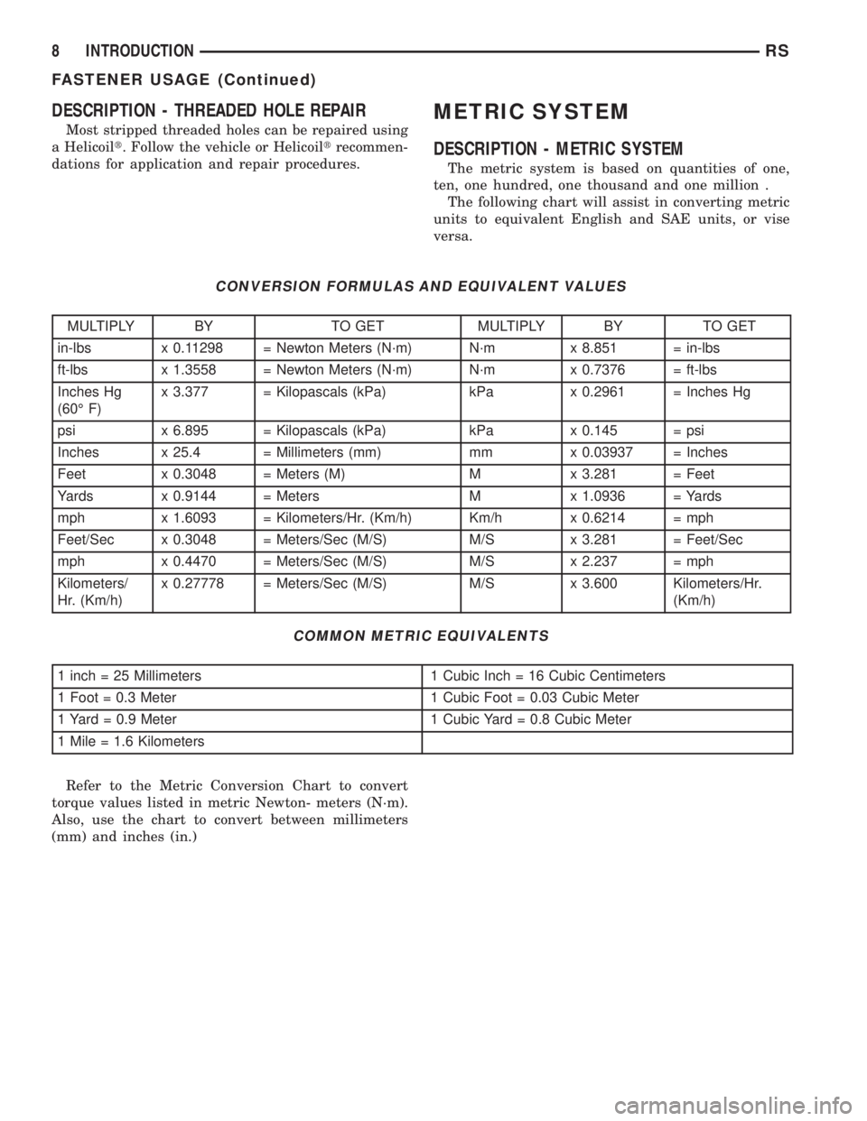 CHRYSLER VOYAGER 2001 Service Manual DESCRIPTION - THREADED HOLE REPAIR
Most stripped threaded holes can be repaired using
a Helicoilt. Follow the vehicle or Helicoiltrecommen-
dations for application and repair procedures.
METRIC SYSTEM CHRYSLER VOYAGER 2001 Service Manual DESCRIPTION - THREADED HOLE REPAIR
Most stripped threaded holes can be repaired using
a Helicoilt. Follow the vehicle or Helicoiltrecommen-
dations for application and repair procedures.
METRIC SYSTEM