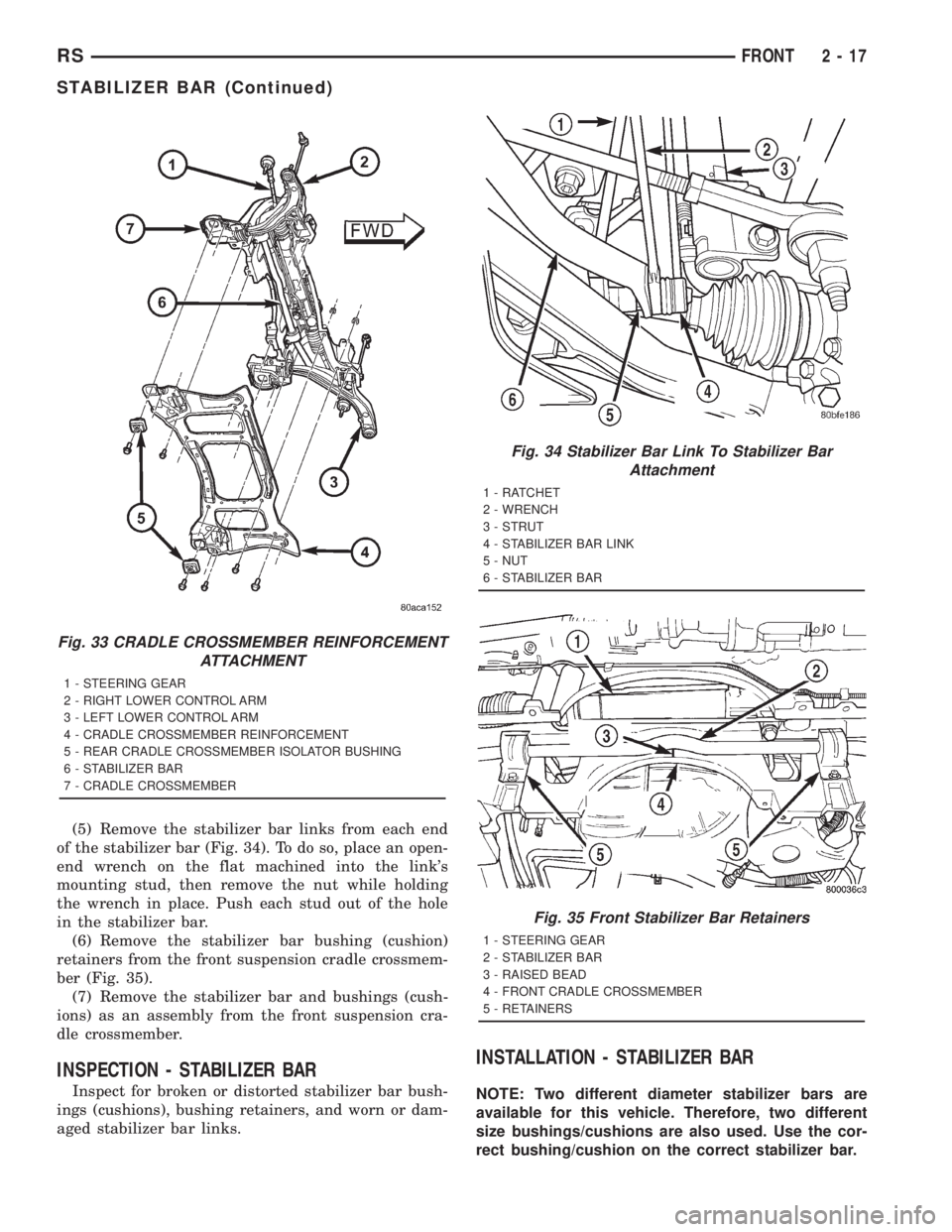 CHRYSLER VOYAGER 2001  Service Manual (5) Remove the stabilizer bar links from each end
of the stabilizer bar (Fig. 34). To do so, place an open-
end wrench on the flat machined into the links
mounting stud, then remove the nut while hol