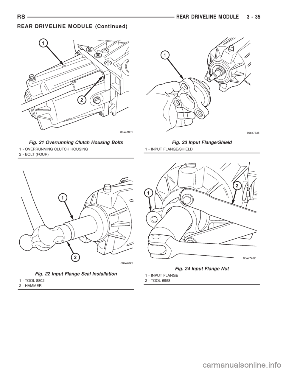 CHRYSLER VOYAGER 2001  Service Manual Fig. 21 Overrunning Clutch Housing Bolts
1 - OVERRUNNING CLUTCH HOUSING
2 - BOLT (FOUR)
Fig. 22 Input Flange Seal Installation
1 - TOOL 8802
2 - HAMMER
Fig. 23 Input Flange/Shield
1 - INPUT FLANGE/SHI