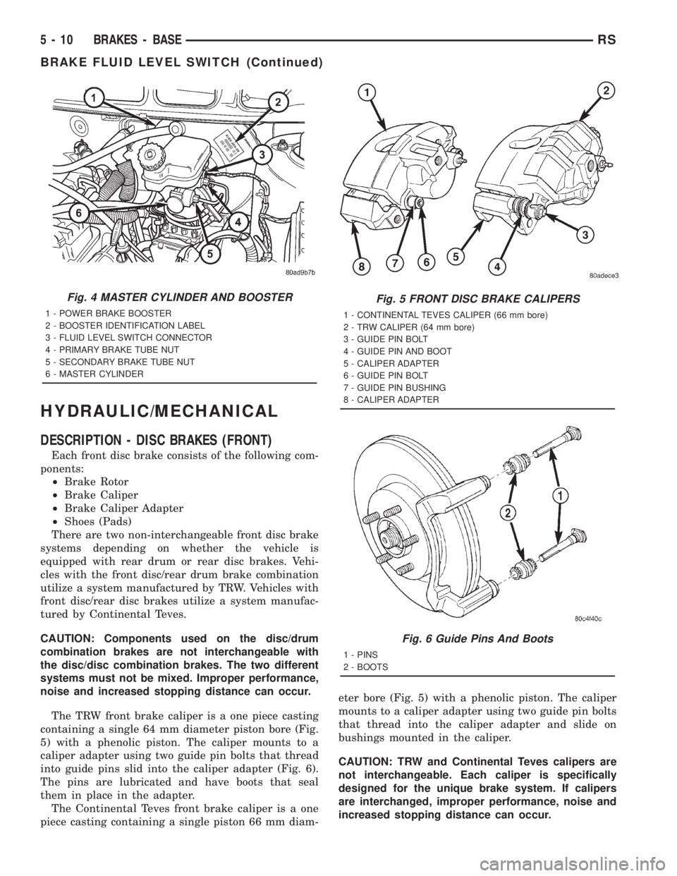 CHRYSLER VOYAGER 2001 Owners Manual HYDRAULIC/MECHANICAL
DESCRIPTION - DISC BRAKES (FRONT)
Each front disc brake consists of the following com-
ponents:
²Brake Rotor
²Brake Caliper
²Brake Caliper Adapter
²Shoes (Pads)
There are two 