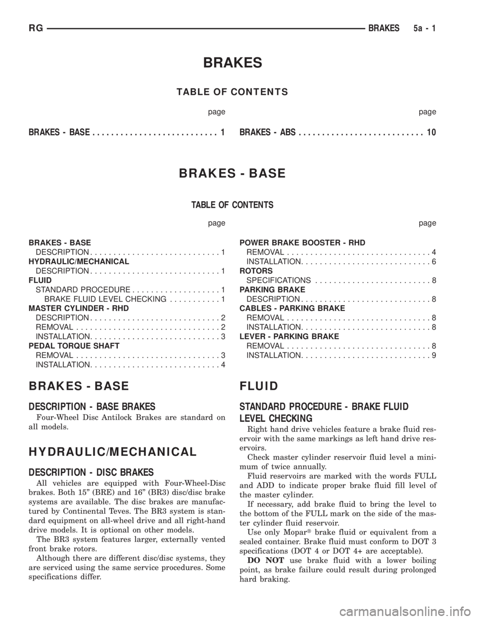 CHRYSLER VOYAGER 2001 Workshop Manual BRAKES
TABLE OF CONTENTS
page page
BRAKES - BASE........................... 1BRAKES - ABS........................... 10
BRAKES - BASE
TABLE OF CONTENTS
page page
BRAKES - BASE
DESCRIPTION.............