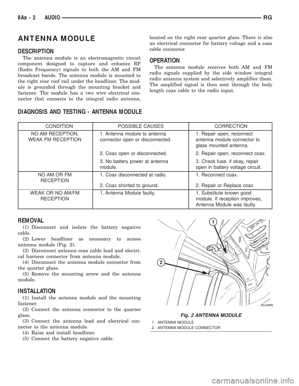CHRYSLER VOYAGER 2001 Owners Manual ANTENNA MODULE
DESCRIPTION
The antenna module is an electromagnetic circuit
component designed to capture and enhance RF
(Radio Frequency) signals in both the AM and FM
broadcast bands. The antenna mo CHRYSLER VOYAGER 2001 Owners Manual ANTENNA MODULE
DESCRIPTION
The antenna module is an electromagnetic circuit
component designed to capture and enhance RF
(Radio Frequency) signals in both the AM and FM
broadcast bands. The antenna mo