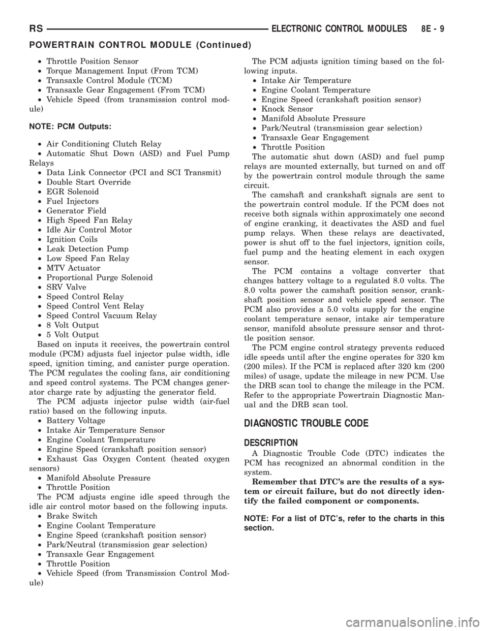 CHRYSLER VOYAGER 2001  Service Manual ²Throttle Position Sensor
²Torque Management Input (From TCM)
²Transaxle Control Module (TCM)
²Transaxle Gear Engagement (From TCM)
²Vehicle Speed (from transmission control mod-
ule)
NOTE: PCM O