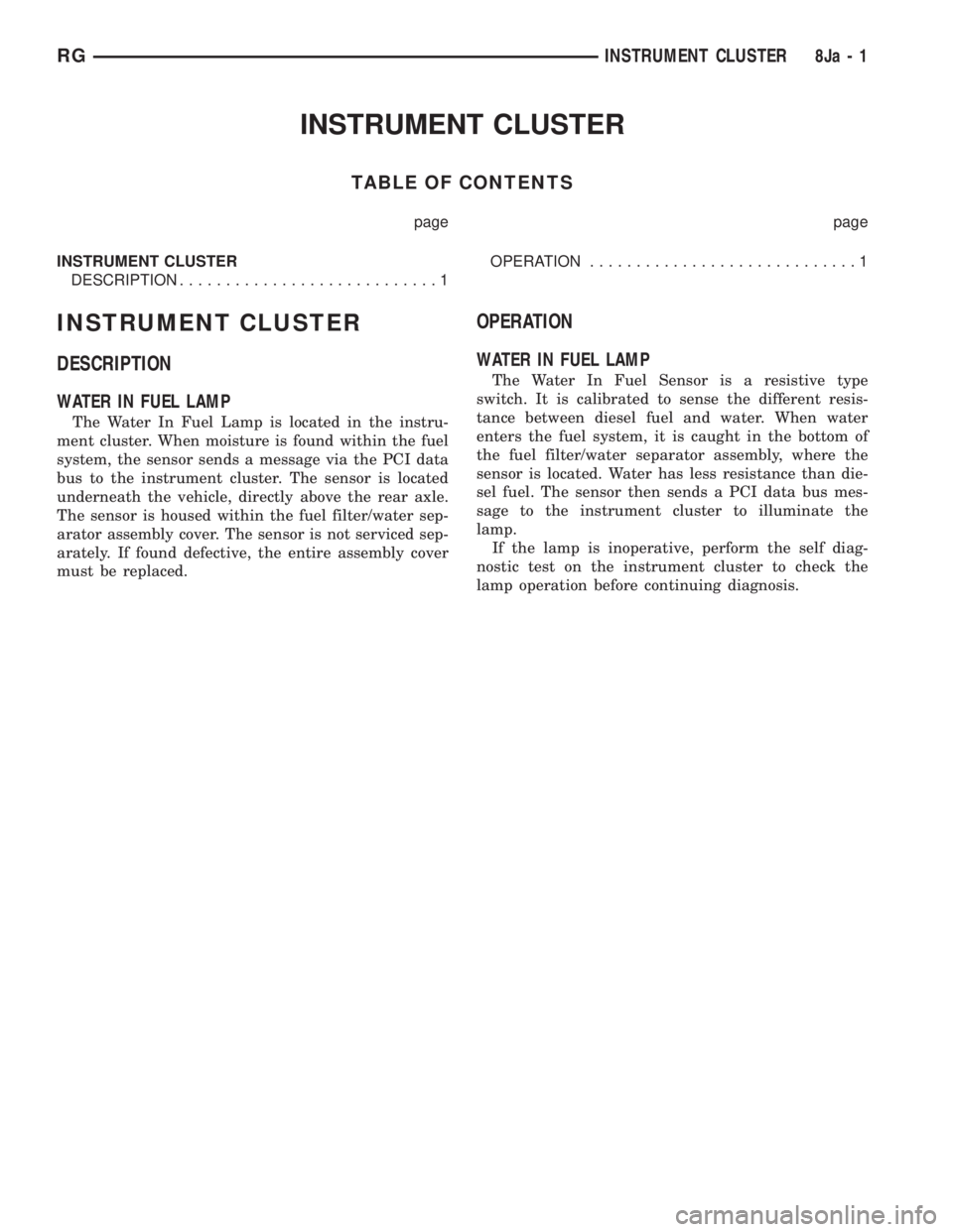 CHRYSLER VOYAGER 2001 Service Manual INSTRUMENT CLUSTER
TABLE OF CONTENTS
page page
INSTRUMENT CLUSTER
DESCRIPTION............................1OPERATION.............................1
INSTRUMENT CLUSTER
DESCRIPTION
WATER IN FUEL LAMP
The CHRYSLER VOYAGER 2001 Service Manual INSTRUMENT CLUSTER
TABLE OF CONTENTS
page page
INSTRUMENT CLUSTER
DESCRIPTION............................1OPERATION.............................1
INSTRUMENT CLUSTER
DESCRIPTION
WATER IN FUEL LAMP
The