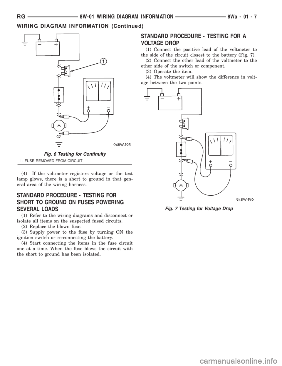 CHRYSLER VOYAGER 2001 Workshop Manual (4) If the voltmeter registers voltage or the test
lamp glows, there is a short to ground in that gen-
eral area of the wiring harness.
STANDARD PROCEDURE - TESTING FOR
SHORT TO GROUND ON FUSES POWERI CHRYSLER VOYAGER 2001 Workshop Manual (4) If the voltmeter registers voltage or the test
lamp glows, there is a short to ground in that gen-
eral area of the wiring harness.
STANDARD PROCEDURE - TESTING FOR
SHORT TO GROUND ON FUSES POWERI