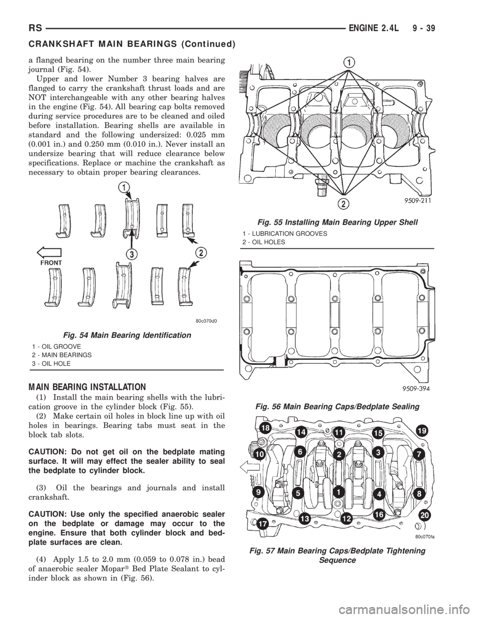 CHRYSLER VOYAGER 2001 Service Manual a flanged bearing on the number three main bearing
journal (Fig. 54).
Upper and lower Number 3 bearing halves are
flanged to carry the crankshaft thrust loads and are
NOT interchangeable with any othe CHRYSLER VOYAGER 2001 Service Manual a flanged bearing on the number three main bearing
journal (Fig. 54).
Upper and lower Number 3 bearing halves are
flanged to carry the crankshaft thrust loads and are
NOT interchangeable with any othe