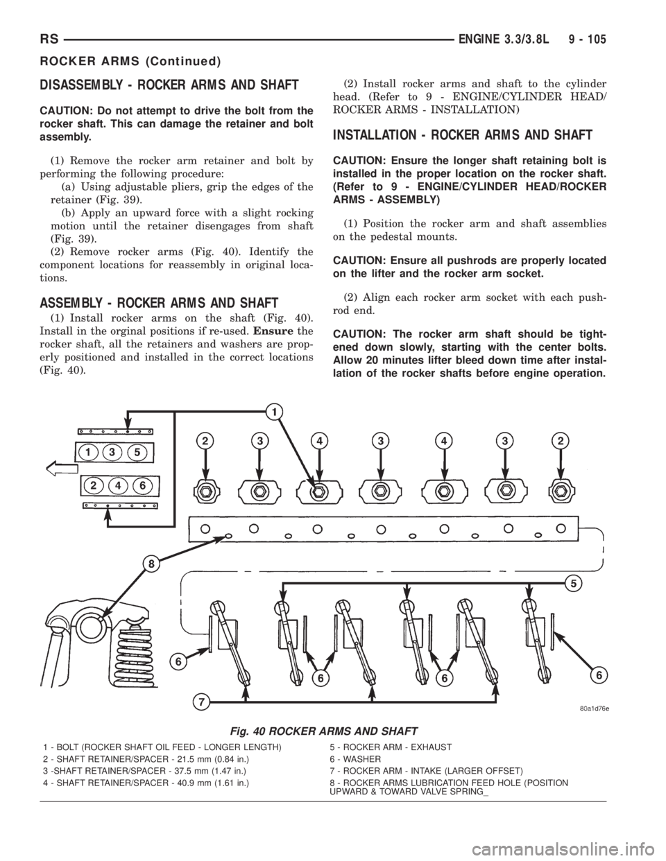 CHRYSLER VOYAGER 2001 Owners Manual DISASSEMBLY - ROCKER ARMS AND SHAFT
CAUTION: Do not attempt to drive the bolt from the
rocker shaft. This can damage the retainer and bolt
assembly.
(1) Remove the rocker arm retainer and bolt by
perf CHRYSLER VOYAGER 2001 Owners Manual DISASSEMBLY - ROCKER ARMS AND SHAFT
CAUTION: Do not attempt to drive the bolt from the
rocker shaft. This can damage the retainer and bolt
assembly.
(1) Remove the rocker arm retainer and bolt by
perf