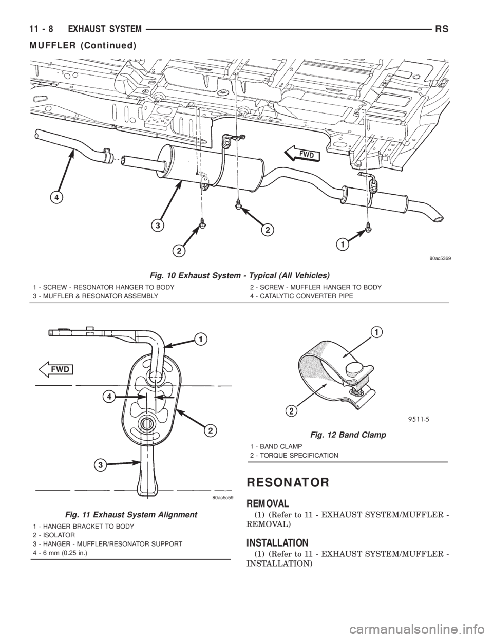 CHRYSLER VOYAGER 2001 Service Manual RESONATOR
REMOVAL
(1) (Refer to 11 - EXHAUST SYSTEM/MUFFLER -
REMOVAL)
INSTALLATION
(1) (Refer to 11 - EXHAUST SYSTEM/MUFFLER -
INSTALLATION)
Fig. 10 Exhaust System - Typical (All Vehicles)
1 - SCREW CHRYSLER VOYAGER 2001 Service Manual RESONATOR
REMOVAL
(1) (Refer to 11 - EXHAUST SYSTEM/MUFFLER -
REMOVAL)
INSTALLATION
(1) (Refer to 11 - EXHAUST SYSTEM/MUFFLER -
INSTALLATION)
Fig. 10 Exhaust System - Typical (All Vehicles)
1 - SCREW
